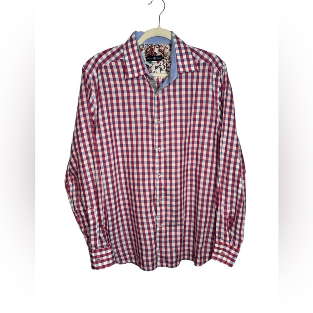 Stone Rose Mens Pink Blue Button Up Long Sleeve Egyptian Cotton Collared Preppy